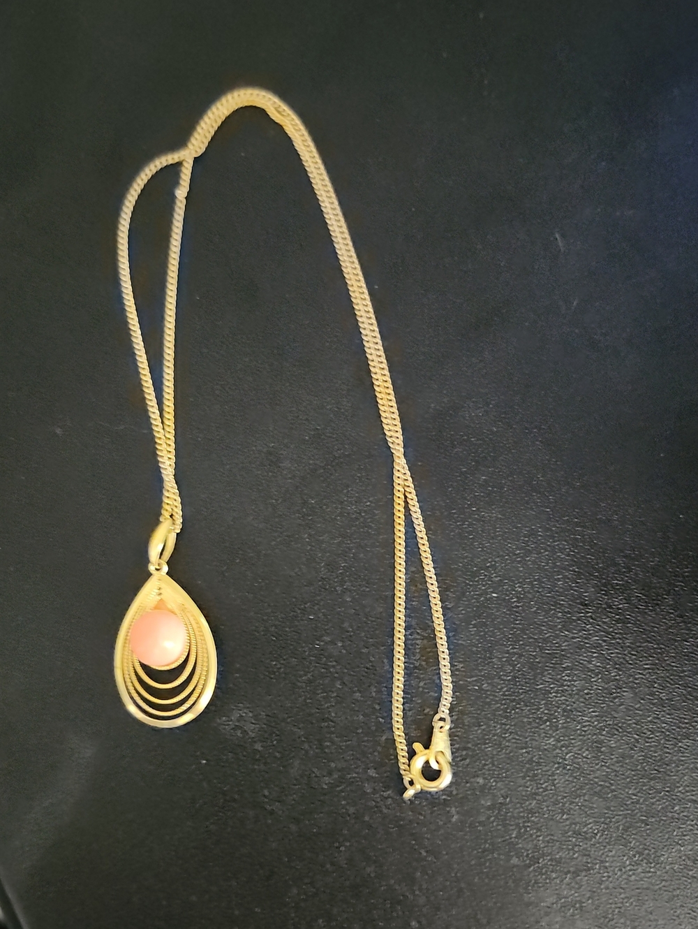 Gold Teardrop Necklace with Pink Cabochon Center